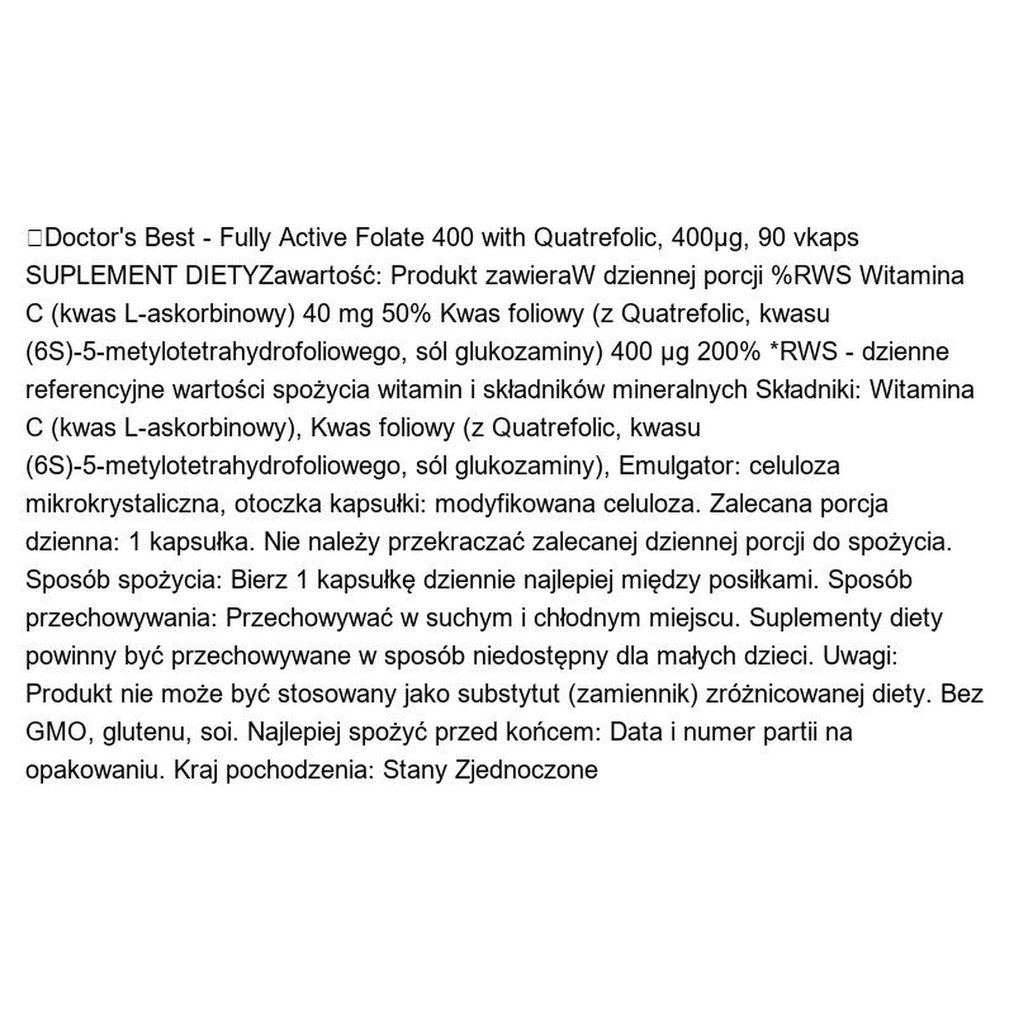 Fully Active Folate 400 with Quatrefolic 400µg Doctor's Best 90 vkaps