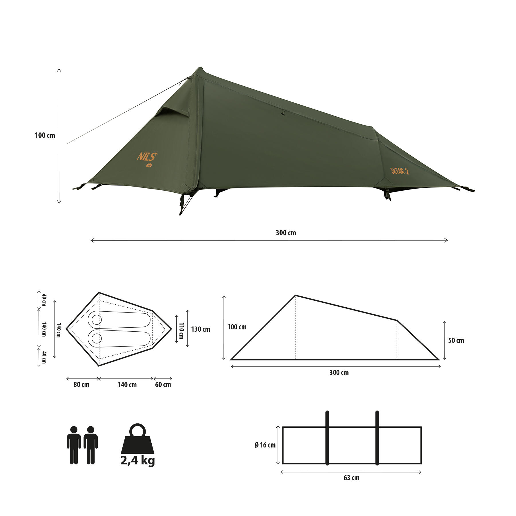 Trekkingtent lichte, compacte 2-persoons  (2,4 kg), NILS CAMP NC2502 2/7