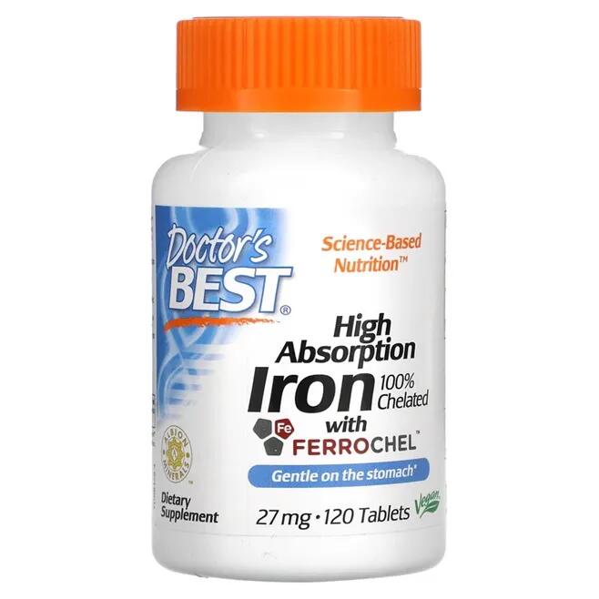 Żelazo Wysokoprzyswajalne 27mg Doctor's Best 120 tabletek