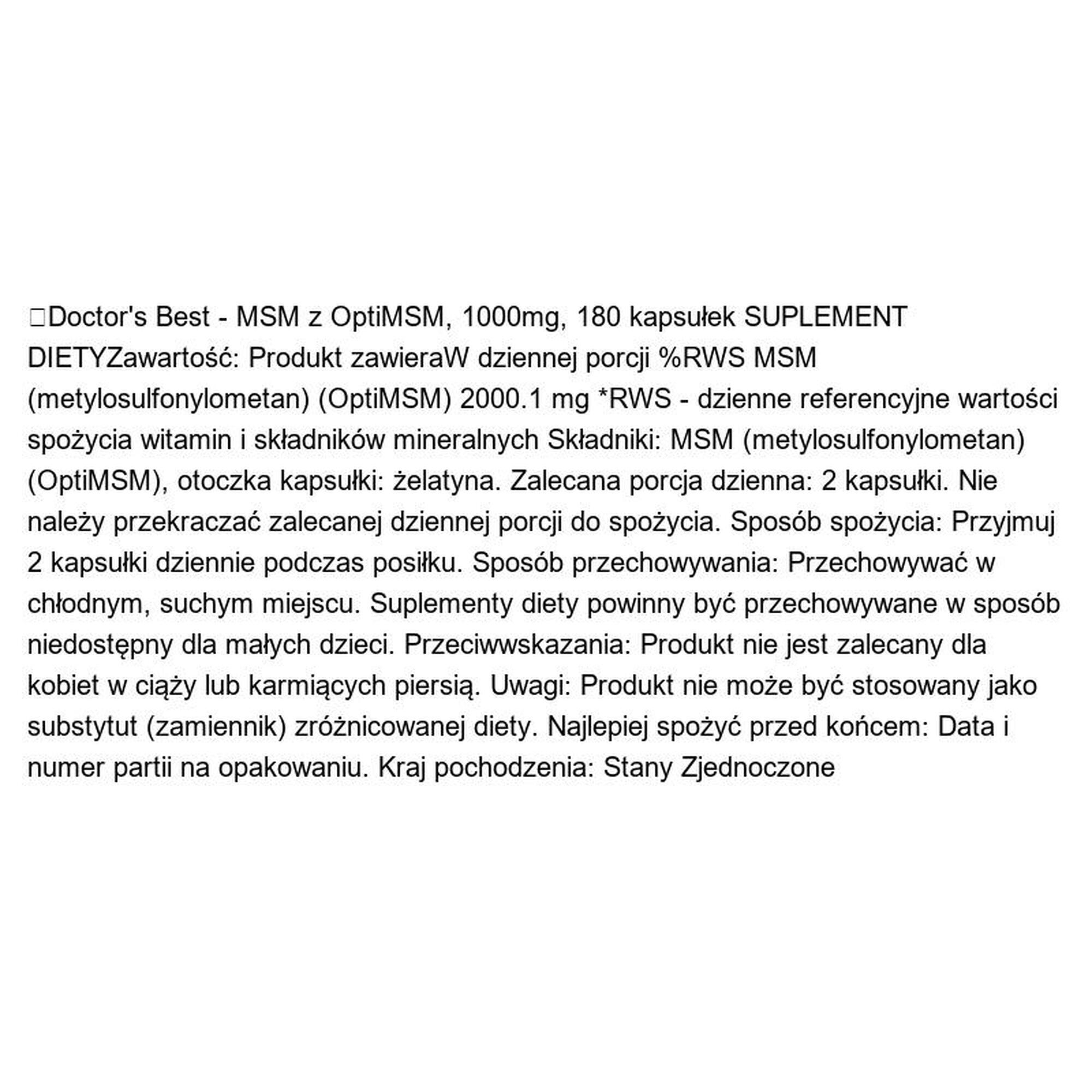 MSM z OptiMSM 1000mg Doctor's Best 180 kapsułek