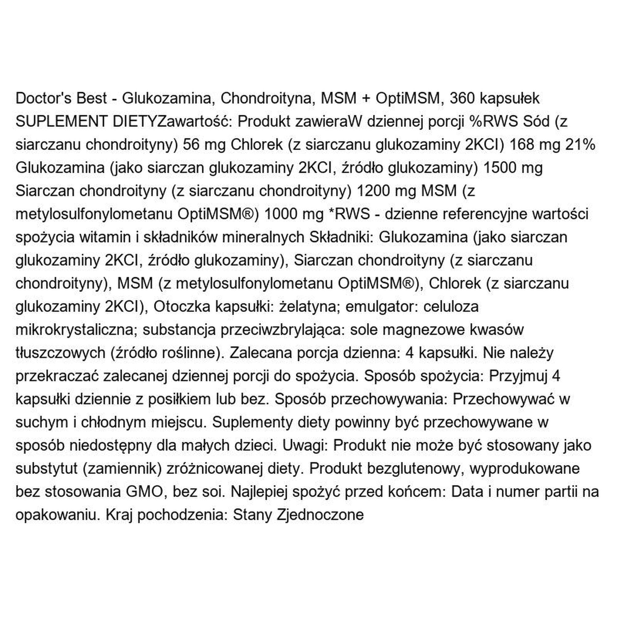 Glukozamina Chondroityna MSM + OptiMSM Doctor's Best 360 kapsułek