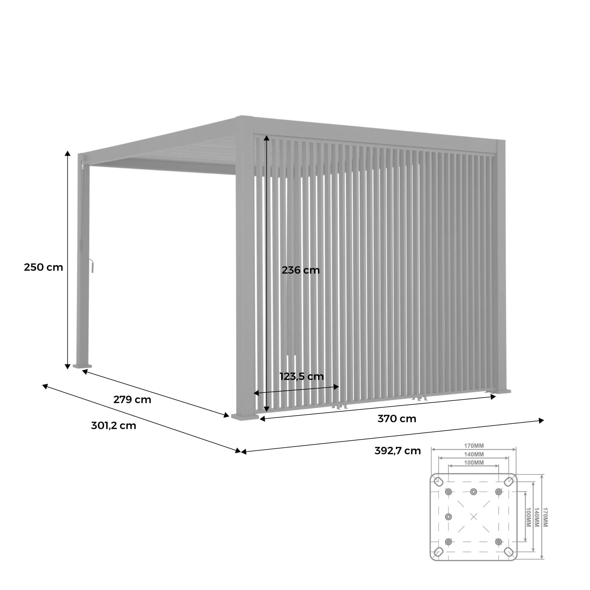 Pérgola bioclimática de aluminio 3x4m + 3 persianas verticales 1.3m, Antracita 4/5