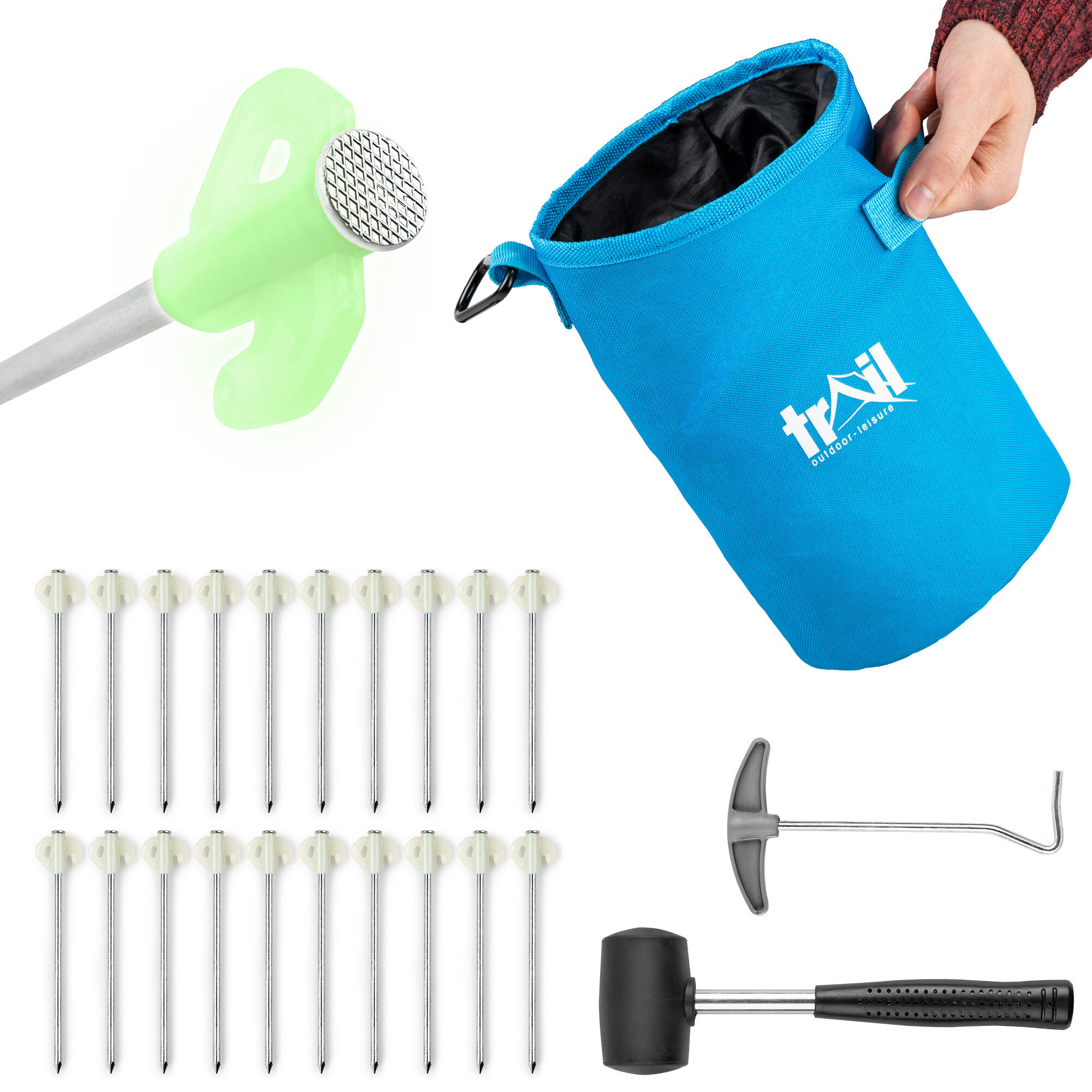 TRAIL OUTDOOR LEISURE Trail 20pc Glow In Dark Tent Pegs Hard Ground with Mallet Peg Extractor and Bag