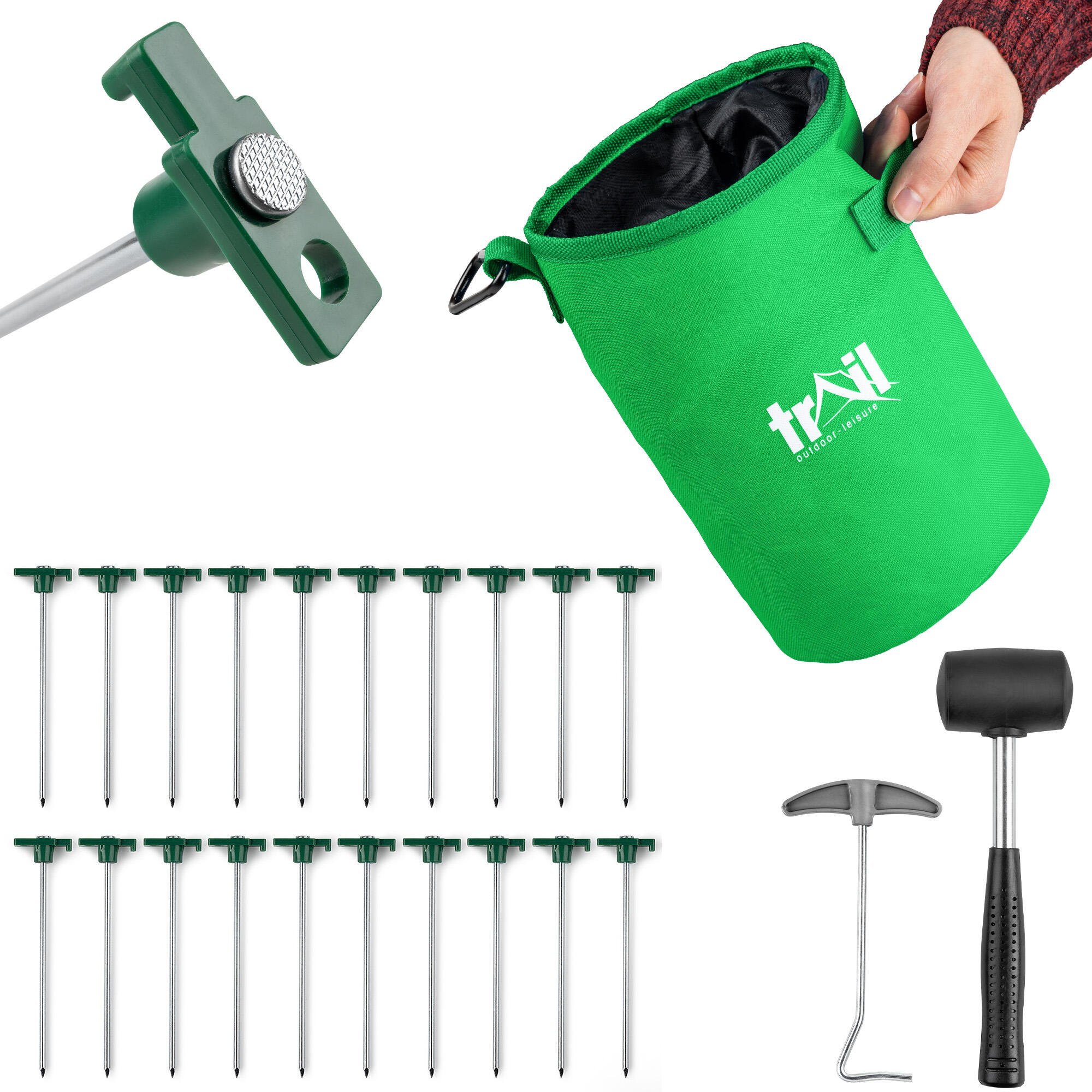 TRAIL OUTDOOR LEISURE Trail 20pc Hard Ground Tent Pegs Heavy Duty with Mallet Peg Extractor and Bag