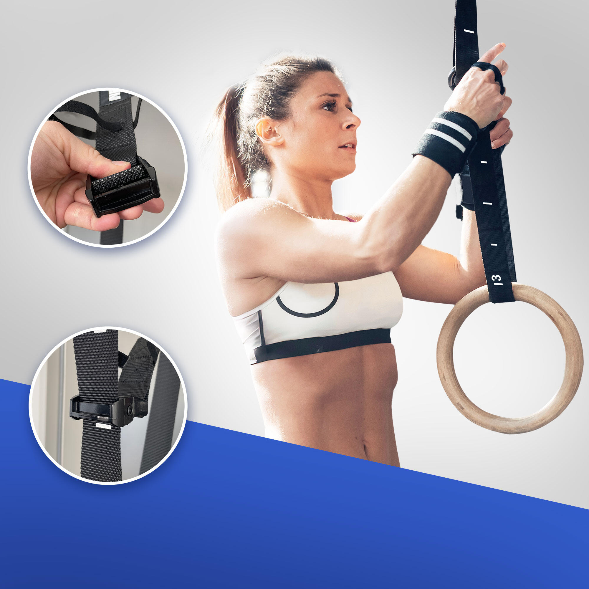 Set d'anneaux de gymnastique- Gym Rings en bois, anneaux de avec sangle réglable 4/6