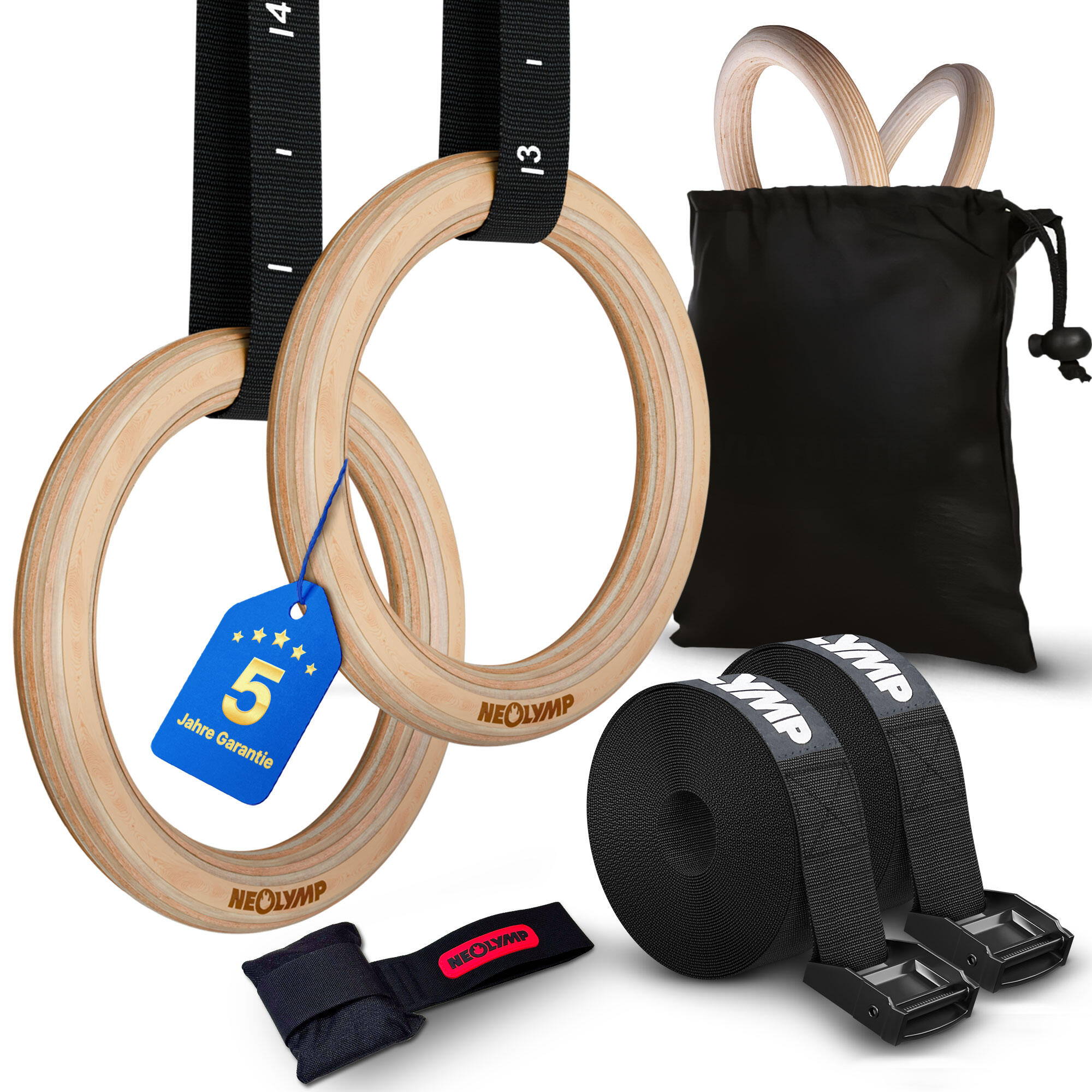 NEOLYMP Wooden Gymnastic Rings Set with Adjustable Heavy-Duty Straps for Strength
