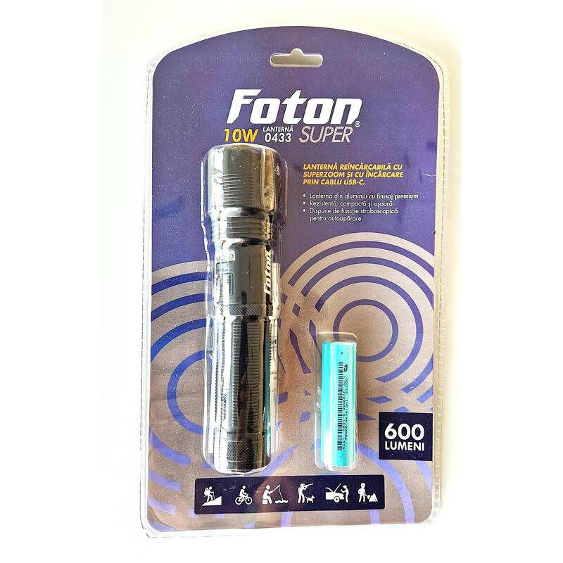 Lanterna premium Foton Super 0433 USB-C, cu zoom, LED 10W, aluminiu