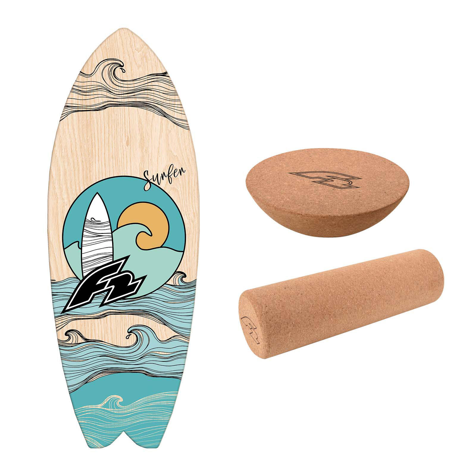 F2 F2 Set Balance Board Surfer 76x28cm + Halbkugel und Korkrolle