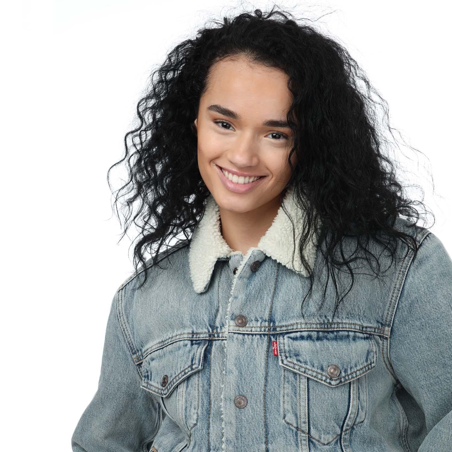 Womens/Ladies ExBoyfriend Sherpa Trucker Jacket (Denim) 3/4