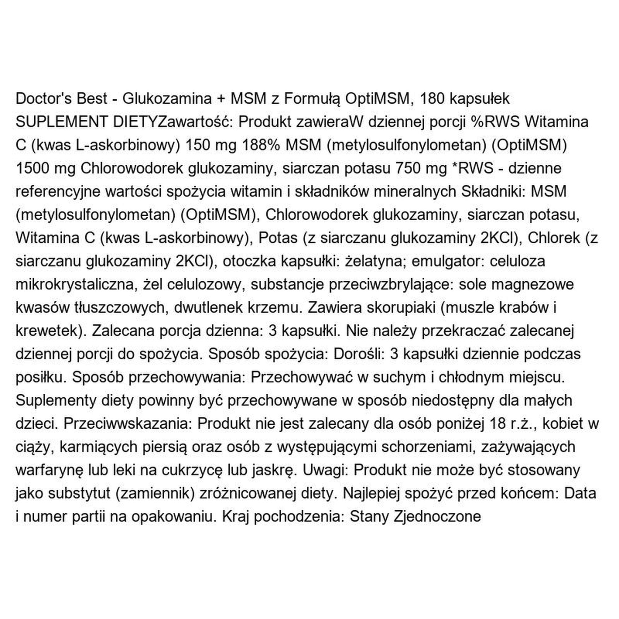 Glukozamina + MSM z Formułą OptiMSM Doctor's Best 180 kapsułek