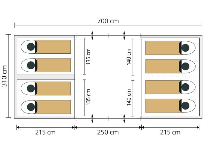 Tente tunnel Montana 8 Sleeper - 8 personnes - 3 cabines sombres - Sol cousu 7/7