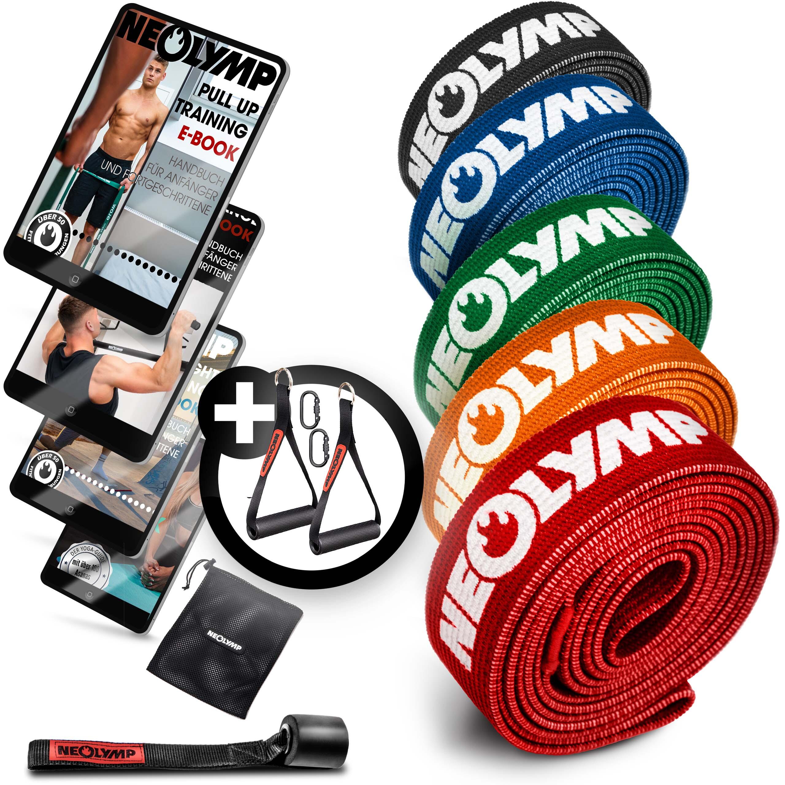 NEOLYMP Fitnessbänder Set Stoff – 5 Widerstandsstufen mit Tasche und Grifferweiterung