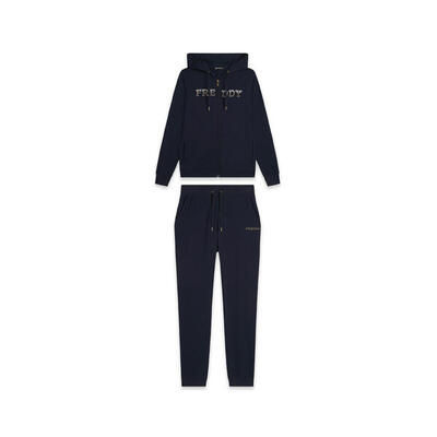 Tuta donna con zip. cappuccio e logo con perline dorate