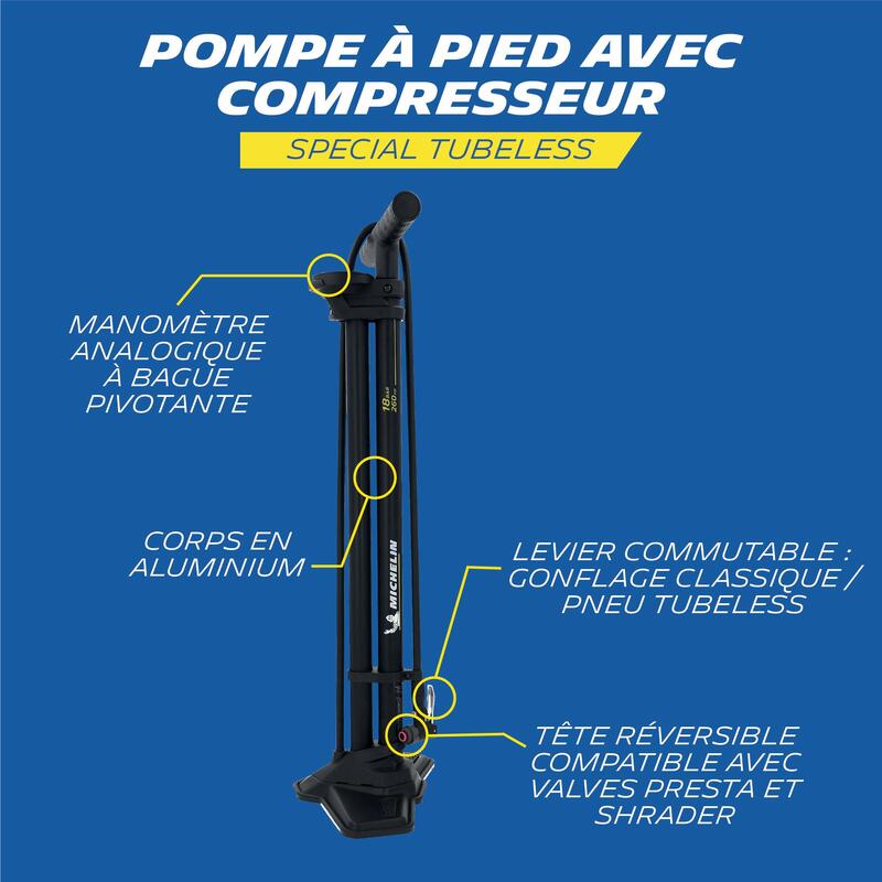 Pompe à Pied Air Tank compatible pneus tubeless 18 bars/260 psi