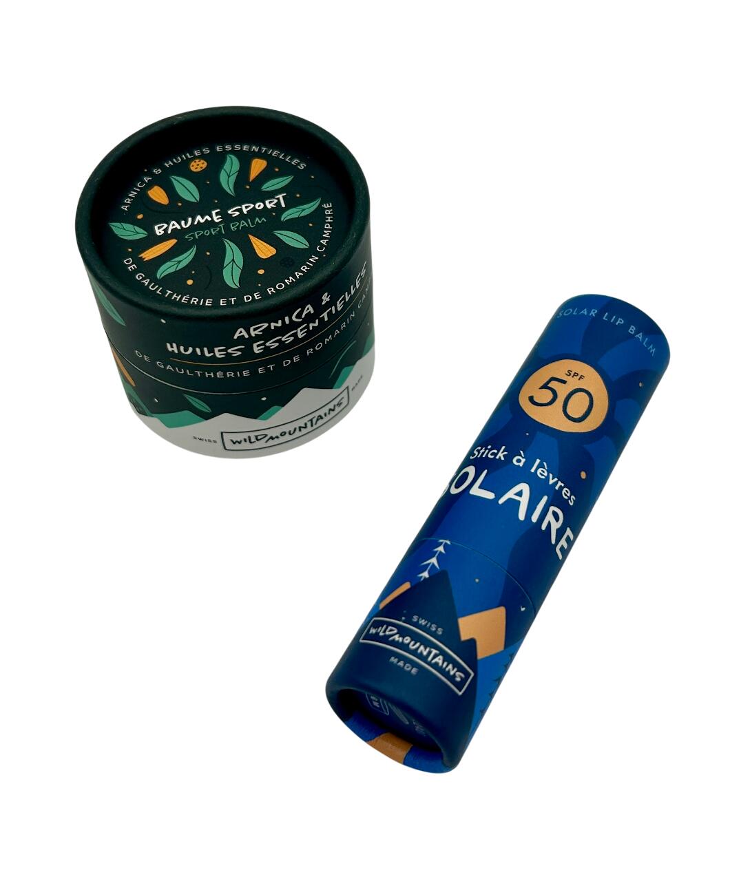 WILD MOUNTAINS Pack Bálsamo Labial Solar / Bálsamo Deportivo con Arnica, Aceites Esenciales