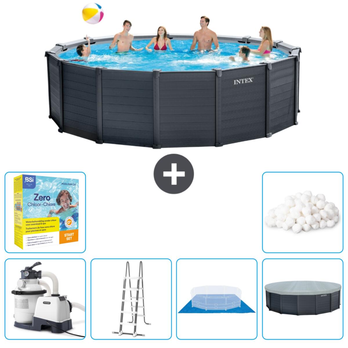 Intex - Piscine Ronde En Panneaux De Graphite - 478x124 Cm + Accessoires Cb47 - Piscine - Gris - Taille Unique - Decathlon