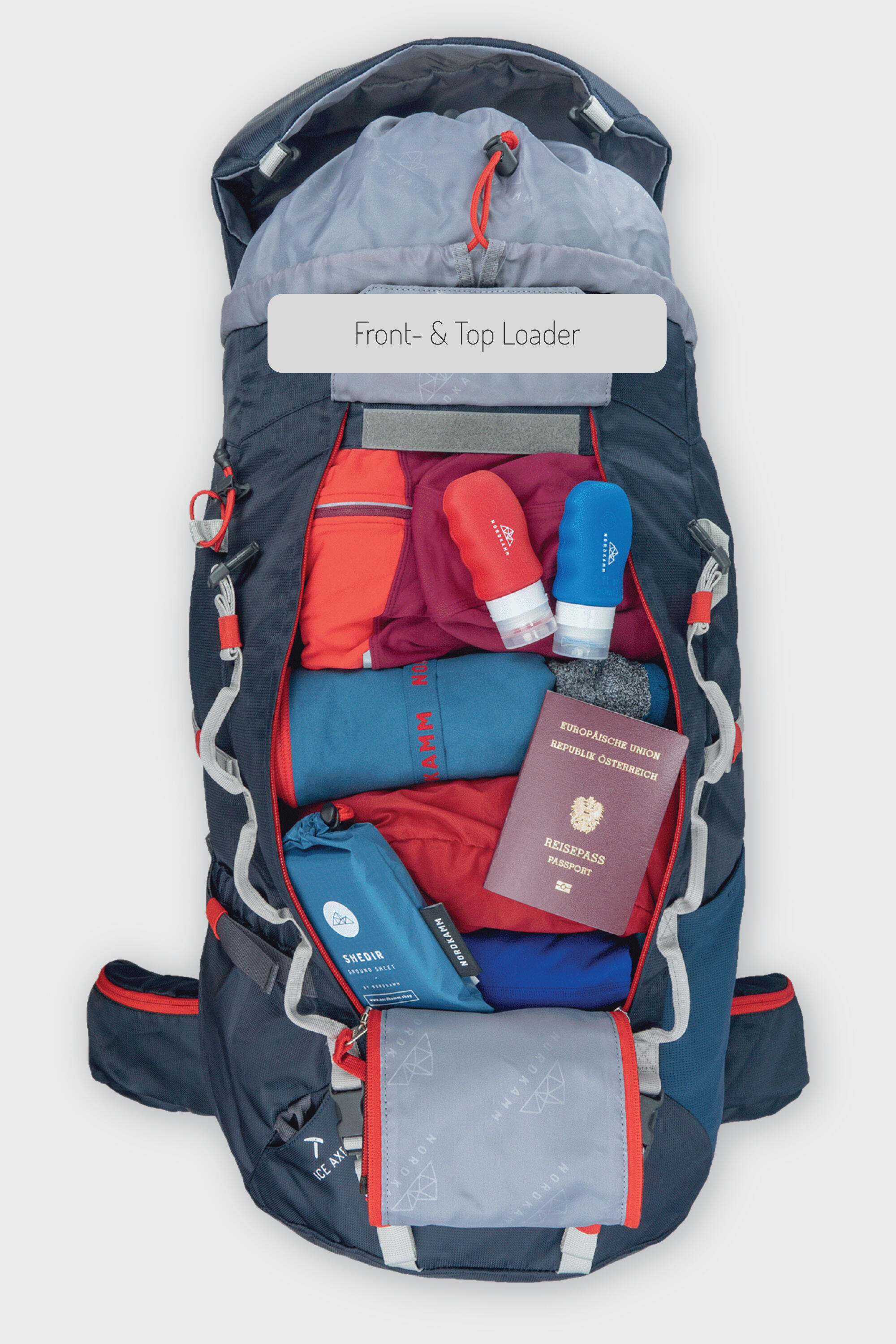 Trekking rugzak dames heren reis rugzak backpacken reizen wandel 50 liter rood 4/5