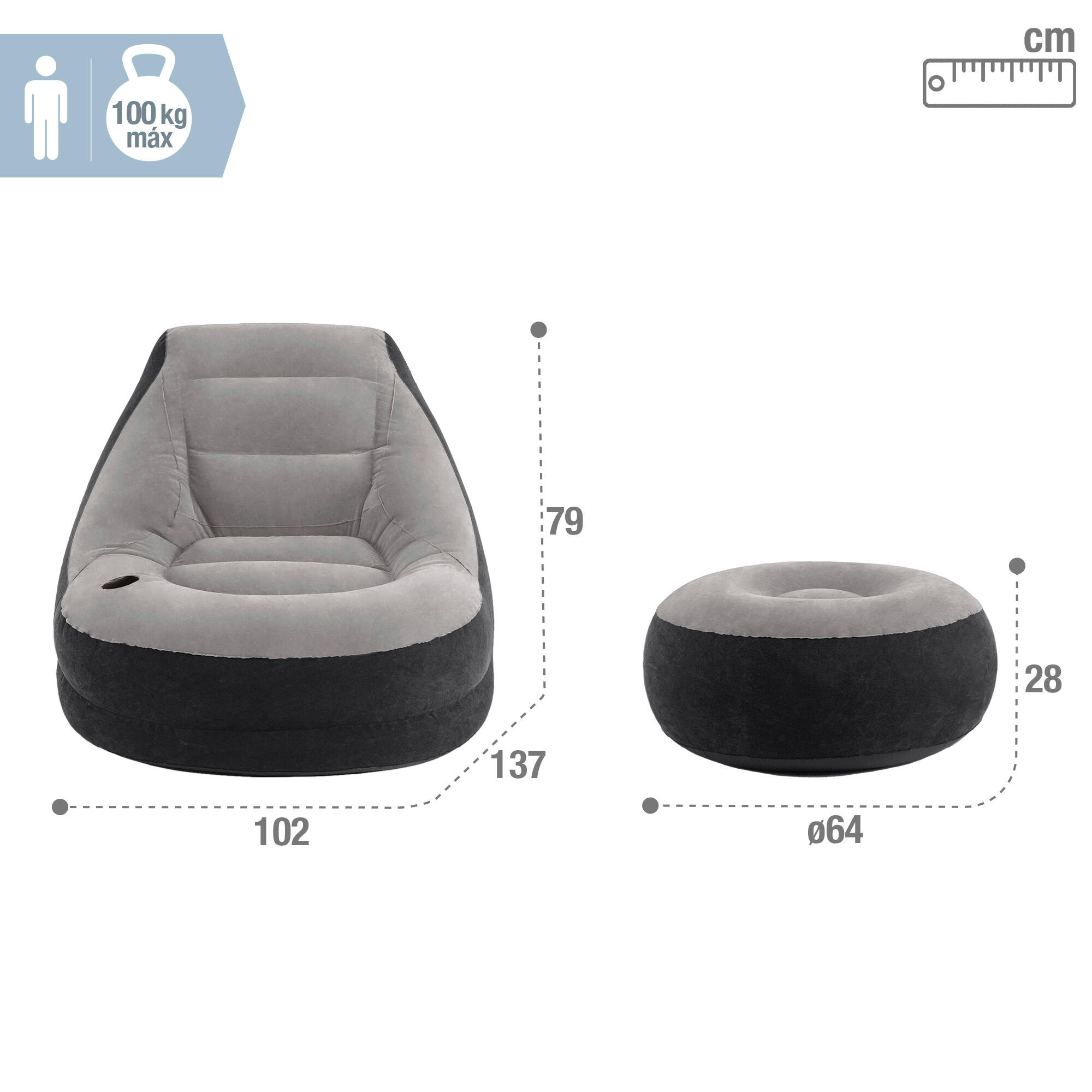 Sofá+puff insufláveis intex 99x130x76 64x28 cm - cinzento 4/7