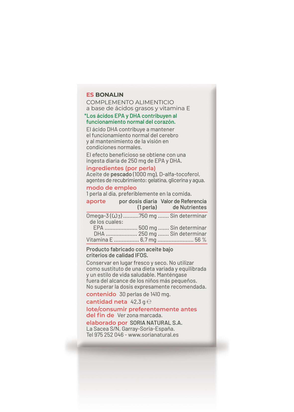 Bonalín EPA+DHA Omega 3 Alta Concentración para Corazón, Mente y Vista 30 perlas 5/5