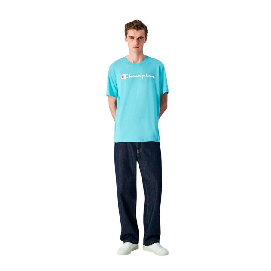 Champion TEE Light Cotton Jersey Uomo Logo Grande Cotone Celeste,M 2/5