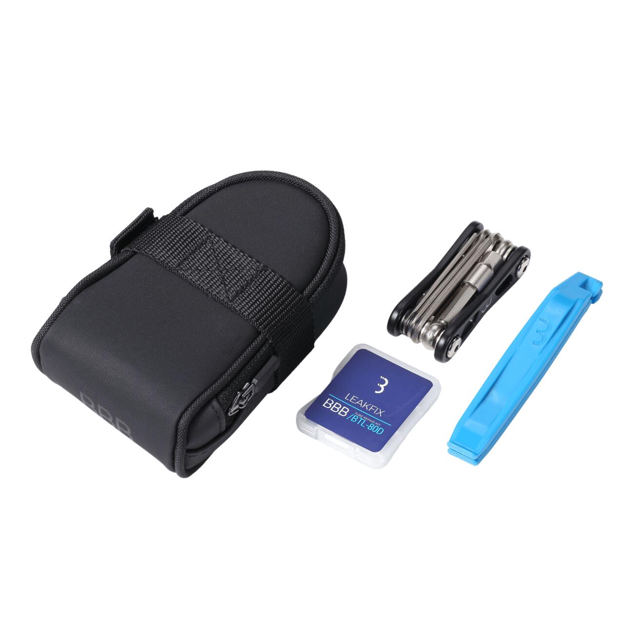 Satteltasche mit Fahrradwerkzeug Reifenheber Reparaturpflaster CombiSet RacePack 1/6