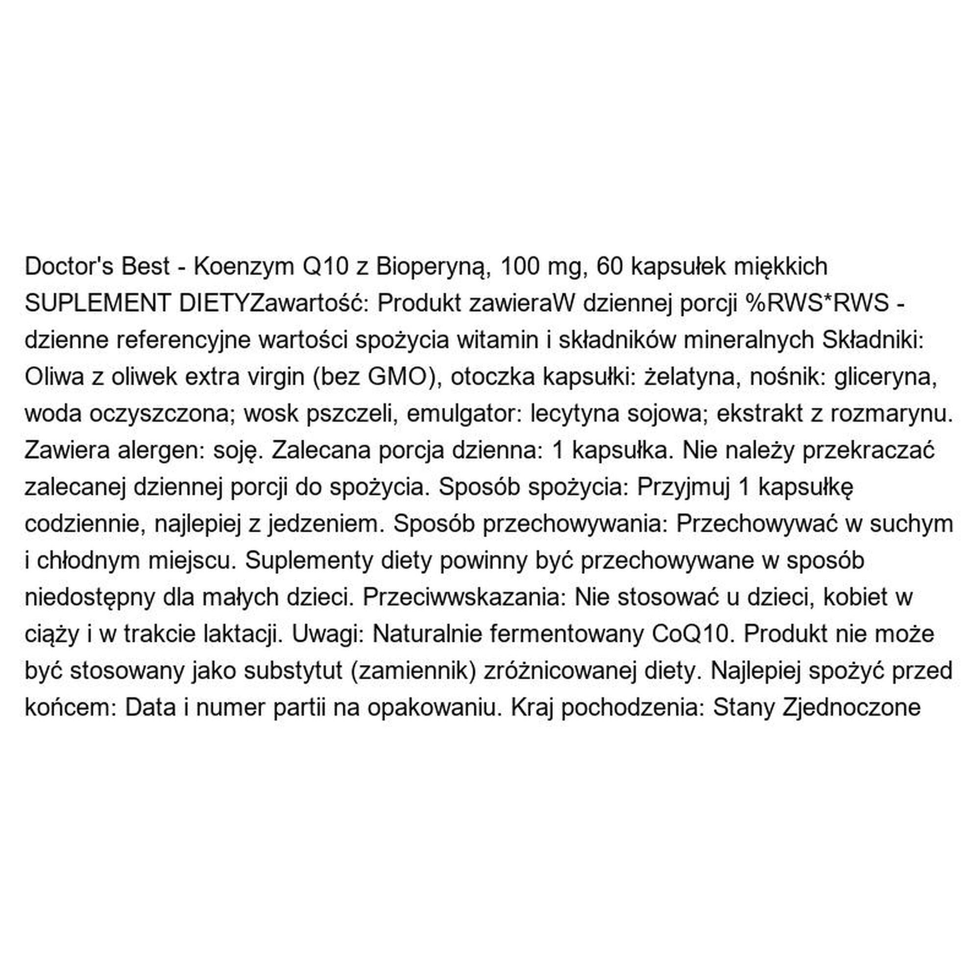 Koenzym Q10 z Bioperyną 100 mg Doctor's Best 60 kapsułek miękkich