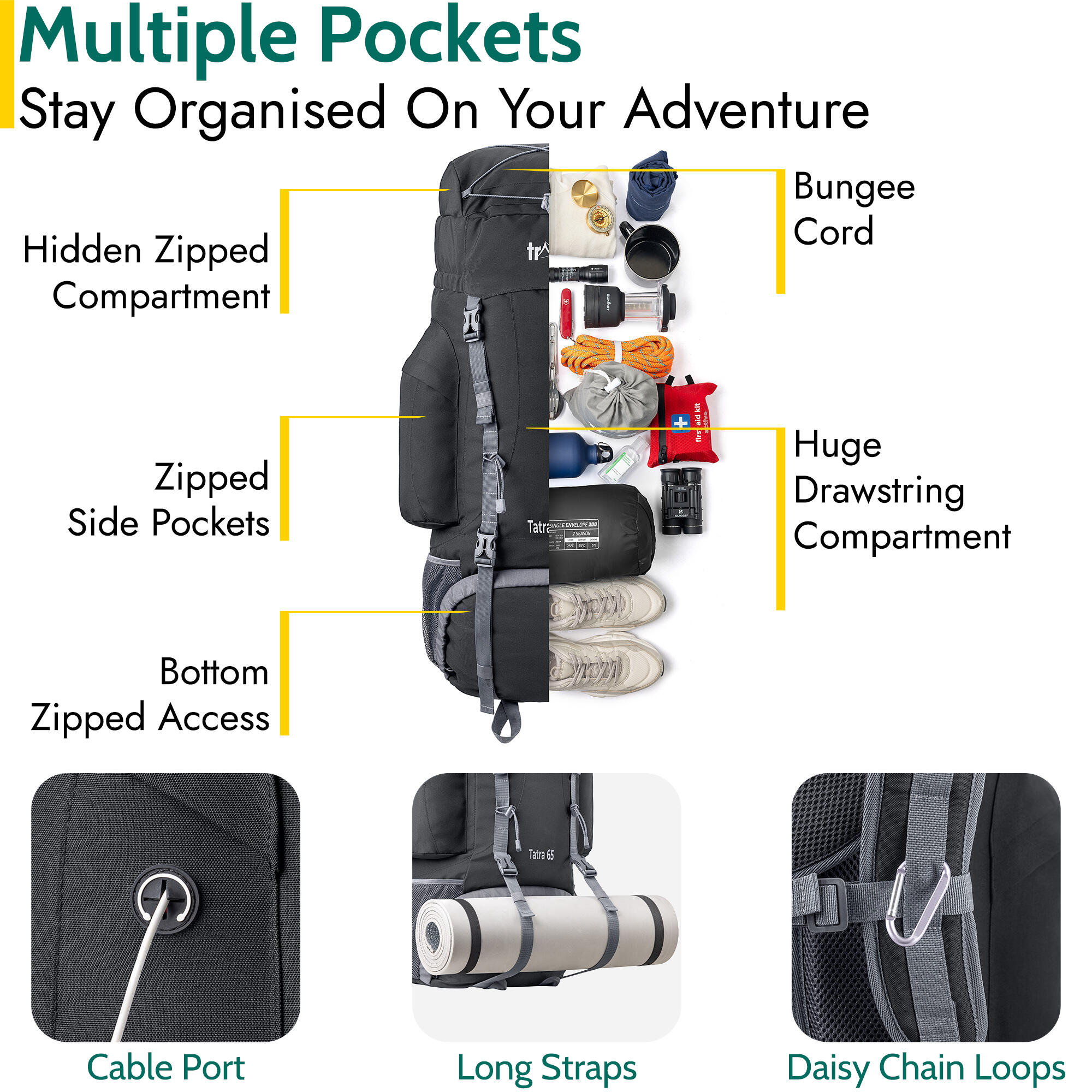 Trail Rucksack 65L 85L Camping Hiking Backpacking Padded Adjustable Travel Bag 3/6