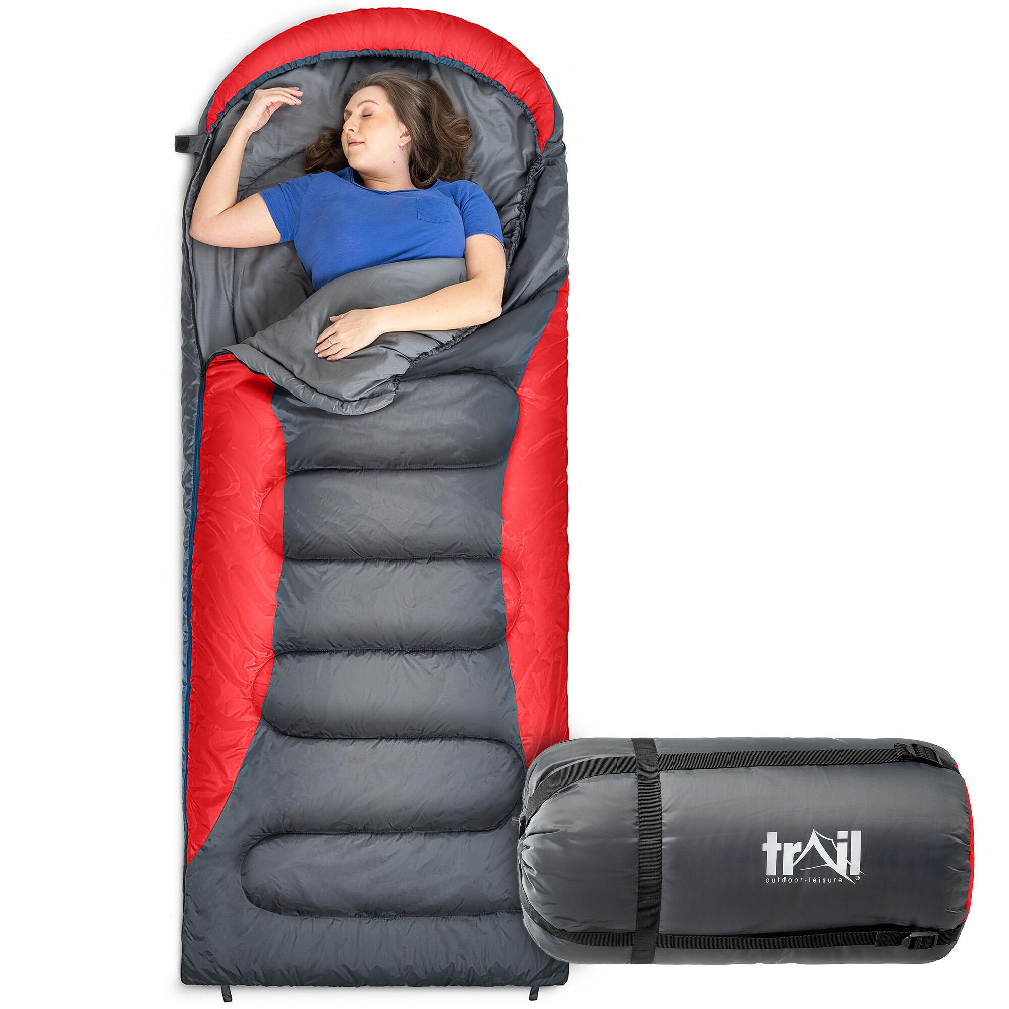 TRAIL OUTDOOR LEISURE Trail XL Hooded Sleeping Bag Extra Wide Water Resistant 2-3 Season 230cm x 100cm