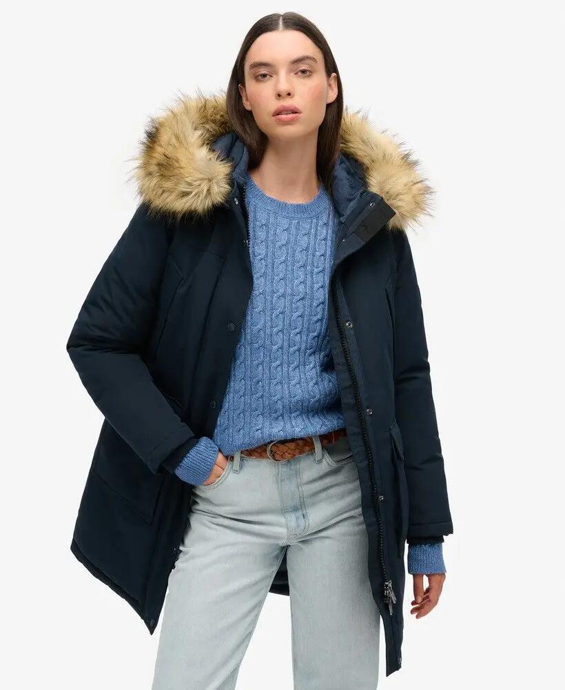 superdry Parka Everest z futerkiem — Długa, pikowana kurtka – Nordic Chrome Navy 1/6