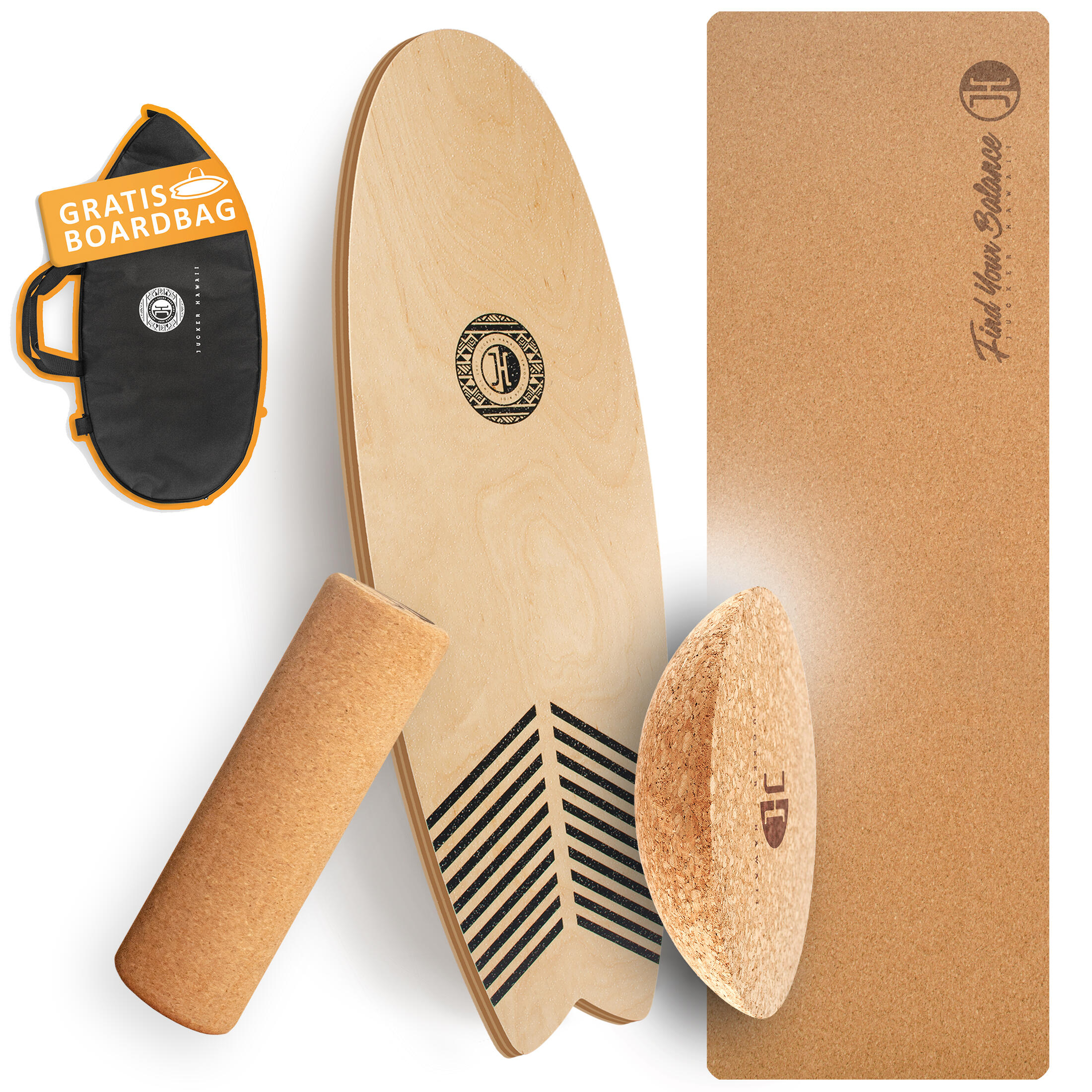 JUCKER HAWAII Balanceboard WAVE Set | Korkrolle + Korkmatte + Plank Ball