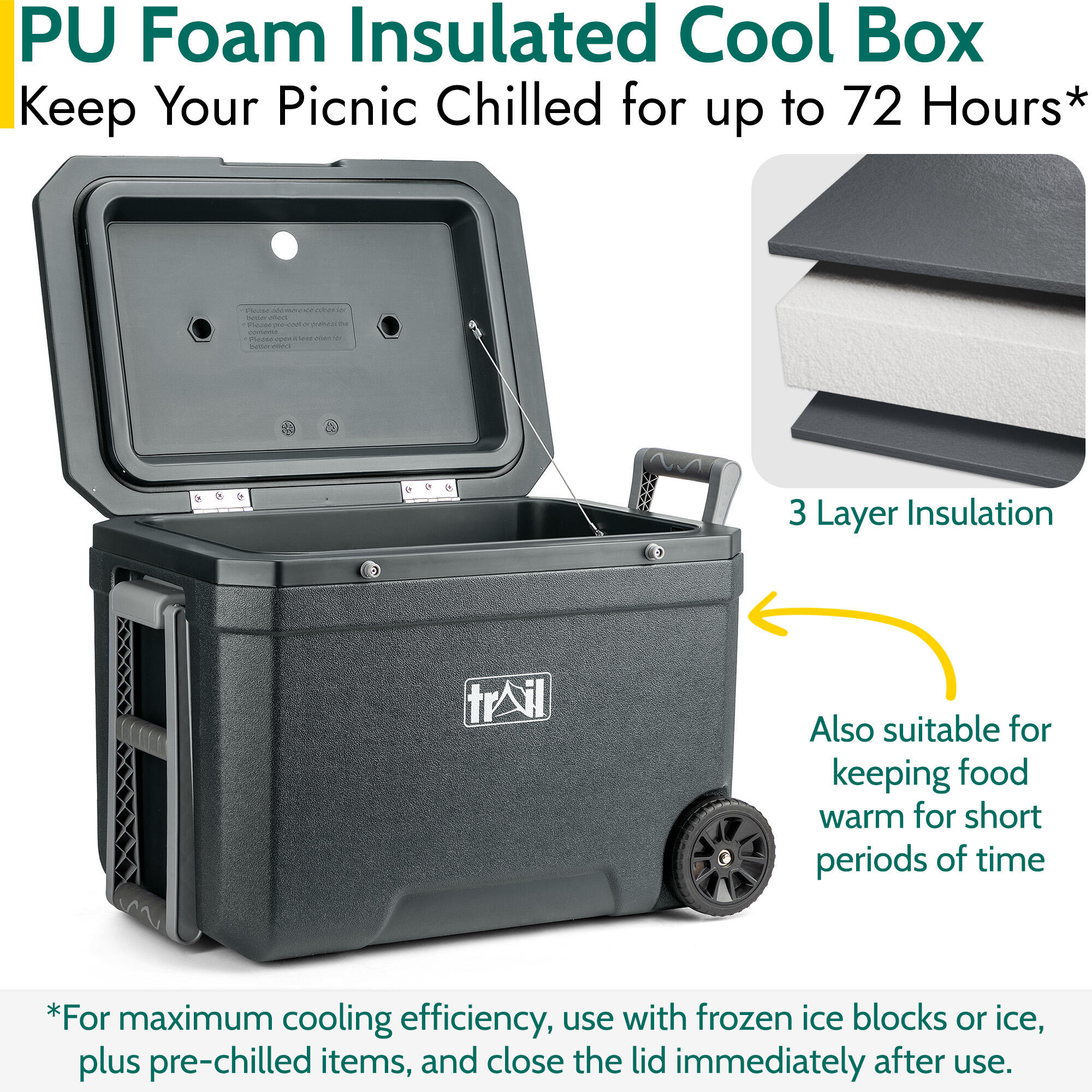 Large Cool Box on Wheels 45L Wheeled Insulated Hard Cooler Hot Cold Food Picnic 3/7