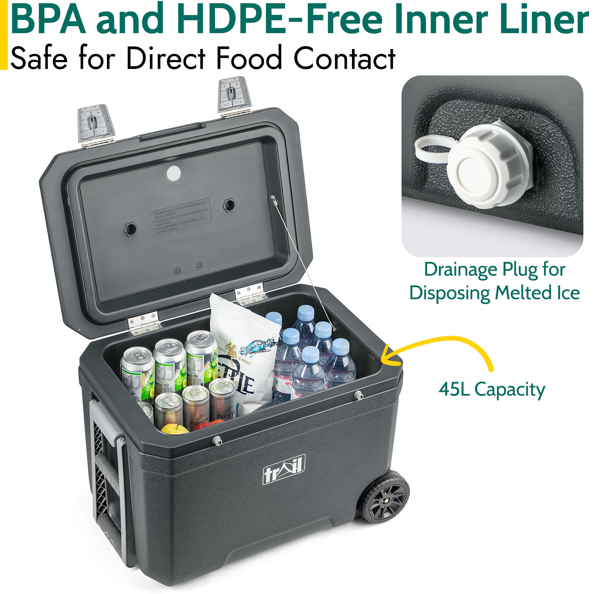 Large Cool Box on Wheels 45L Wheeled Insulated Hard Cooler Hot Cold Food Picnic 6/7