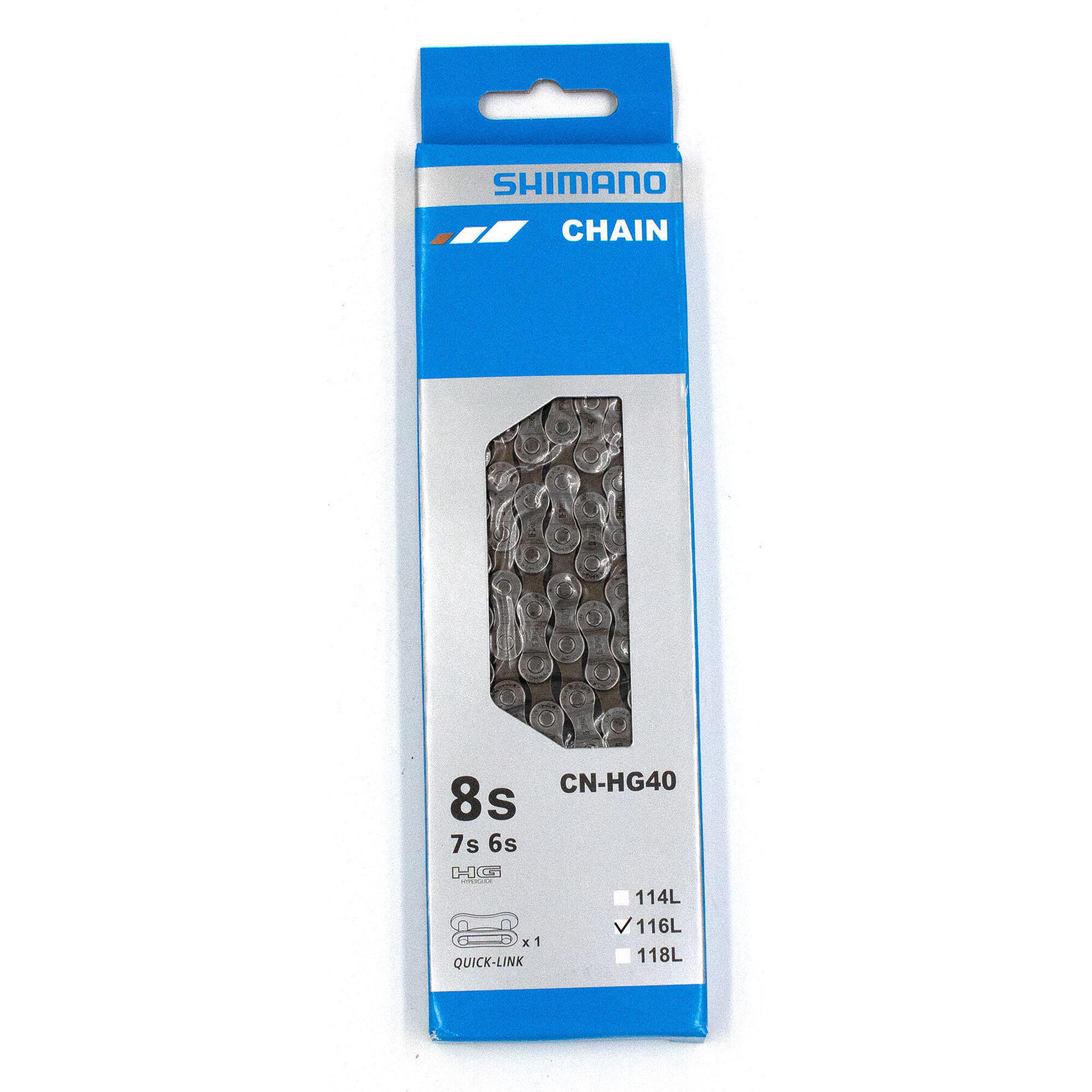 Chaîne de vélo Shimano HG40 6 7 8v 116 maillons - Gris      1840€    SHIMANO Chaîne de vélo Shimano HG40 6 7 8v 116 maillons - GrisVendu exclusivement en ligne   