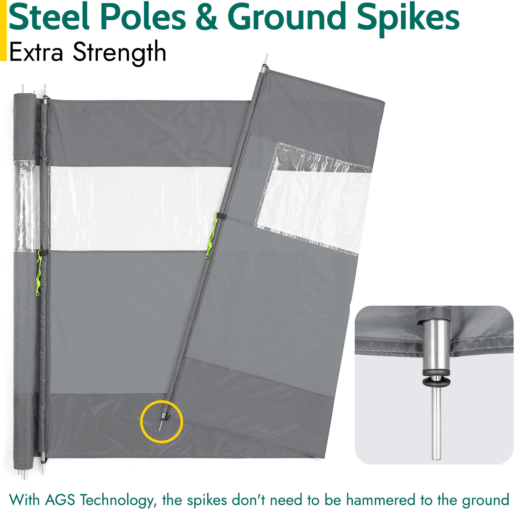 Trail 4 Pole Windbreak Steel Spike Windbreaker with PVC Window 5m x 1.4m 4/7
