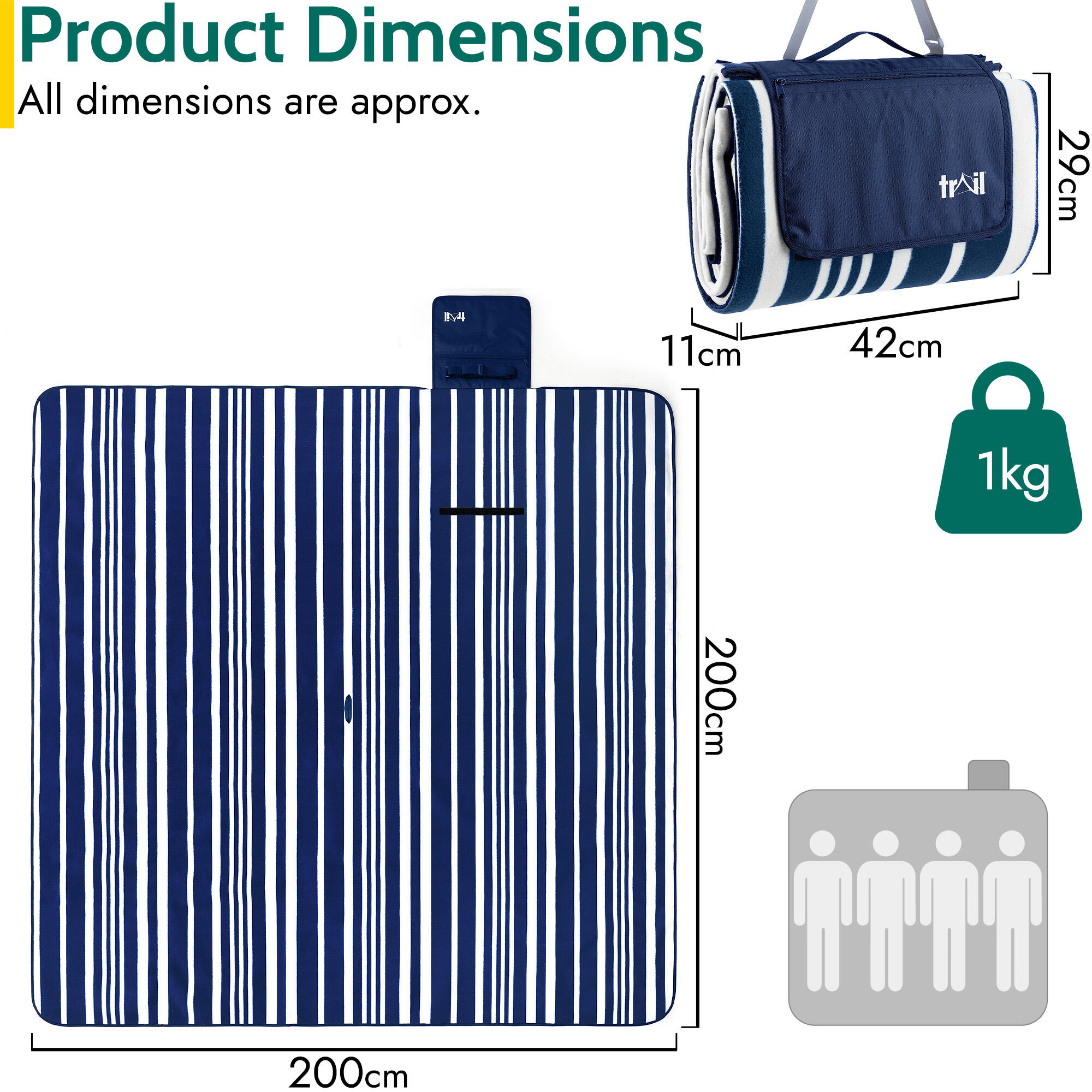 Fleece Picnic Rug Beach Camping Blanket Waterproof Backing  - Large  2m x 2m 6/7