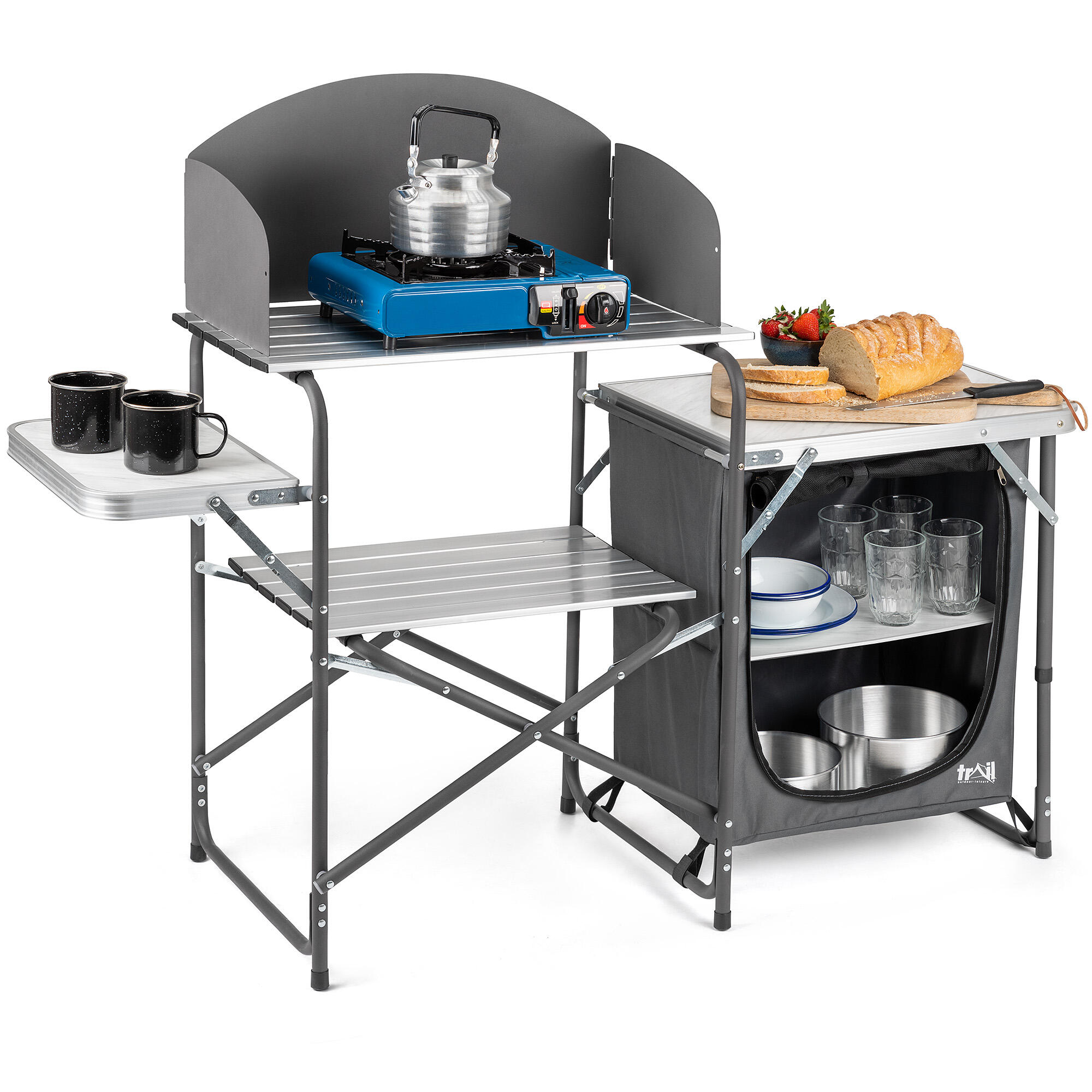 TRAIL OUTDOOR LEISURE Camping Kitchen Stand Unit Folding Aluminium Cooking Station With Windshield