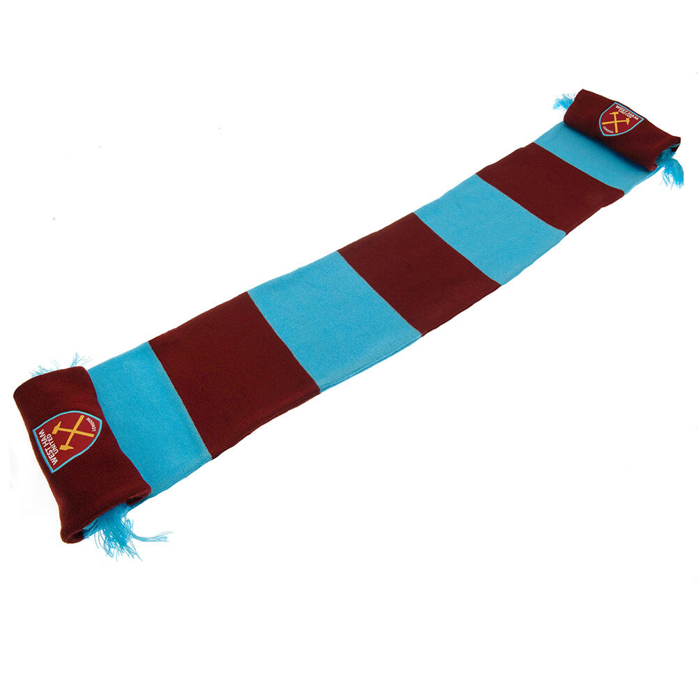Écharpe Officielle West Ham United FC | Modèle à Rayures Avec Pompons Et Emblème | En Jacquard Tricoté – Licence Officielle
