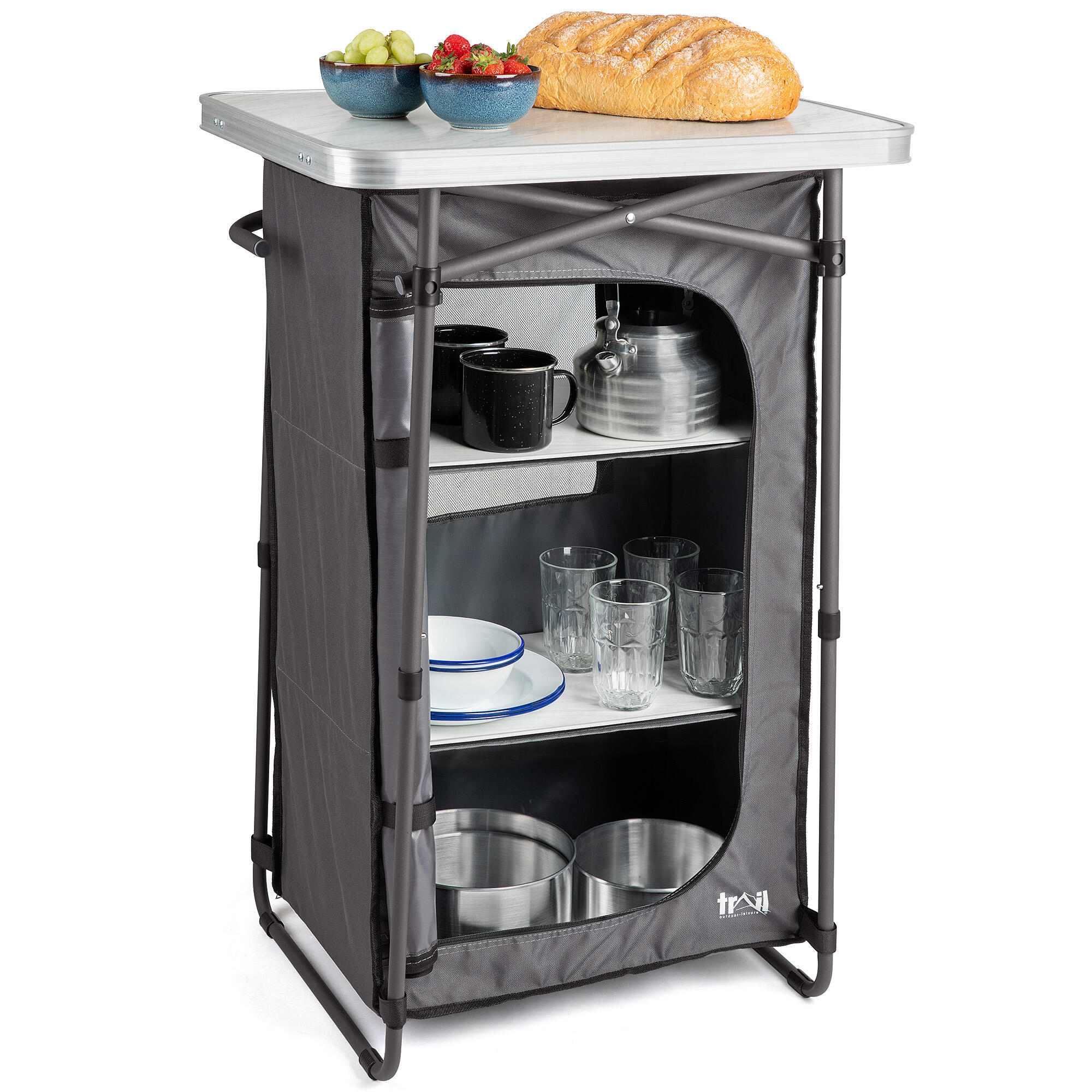 TRAIL OUTDOOR LEISURE Camping Kitchen Unit 4 Shelf Storage Cupboard Folding Portable Pop Up Cabinet