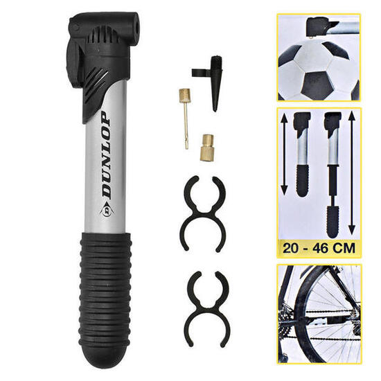 Pompa mini bici Dunlop 20–46 cm con adattatori.