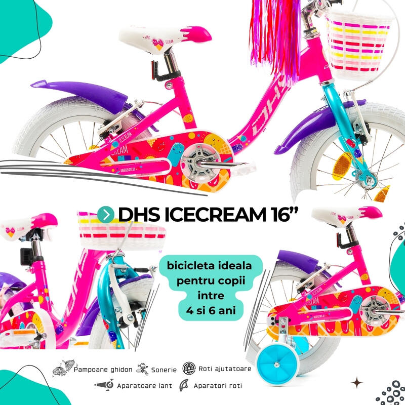 Second Hand, DHS Icecream bicicletă copii 16 inch, roz