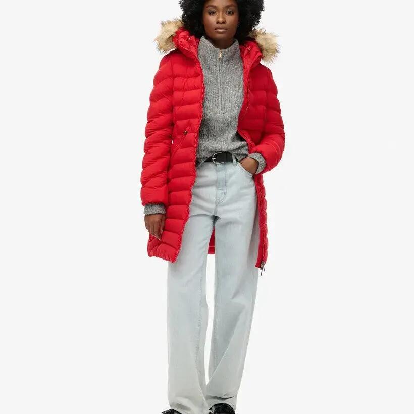 Mid-length hooded puffer jacket with faux fur for women Superdry