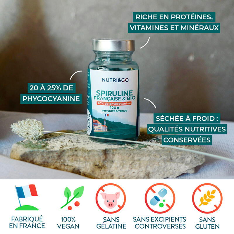 Spiruline BIO 100% Française - 20% de Phycocyanine - 120 comprimés de 500 mg