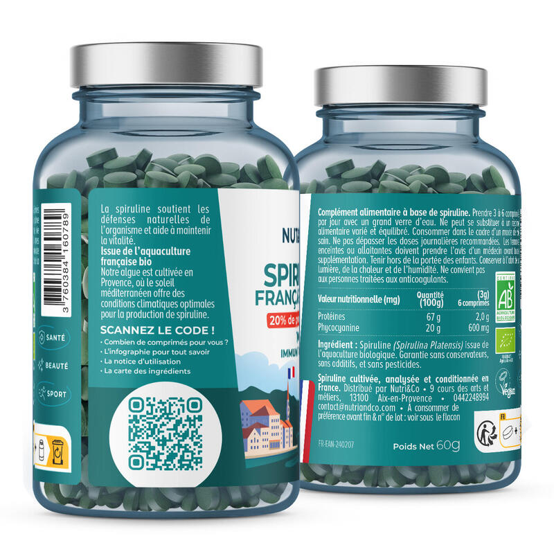 Spiruline BIO 100% Française - 20% de Phycocyanine - 120 comprimés de 500 mg