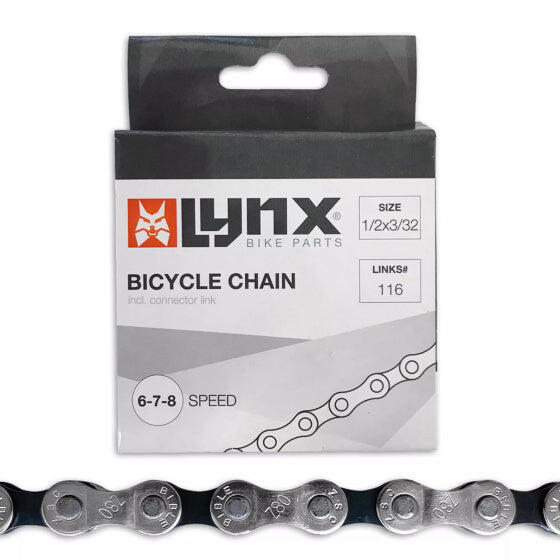 Chaîne de Dérailleur Lynx pour 6/7/8 Vitesses - 116 Maillons - Noir      1699€    LYNX Chaîne de Dérailleur Lynx pour 6/7/8 Vitesses - 116 Maillons - NoirCe produit n'est pas disponible en ligne, vérifiez le stock en magasin   
