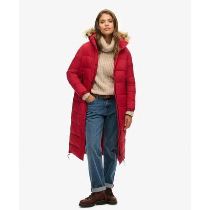 Długi pikowany płaszcz z kapturem z futerkiem sztucznym