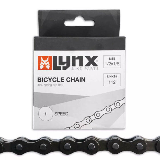 Chaîne de vélo de ville Lynx - 112 maillons, 1/2 x 1/8, gris      2599€    LYNX Chaîne de vélo de ville Lynx - 112 maillons, 1/2 x 1/8, grisVendu exclusivement en ligne   