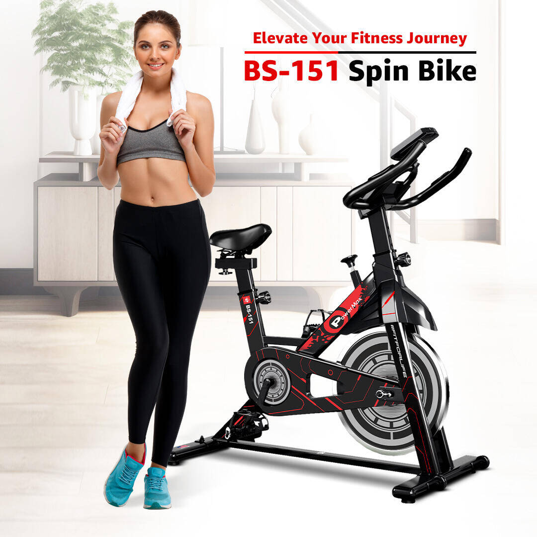 PowerMax Fitness BS-151 Spin Bike Exercise Cycle with 10KG flywheel, Max user wt. 130kg for maxpro home workout, 2-way adjustable seat, Knob braking, iphone holder, 1 Year Manufacturer Warranty. -  2