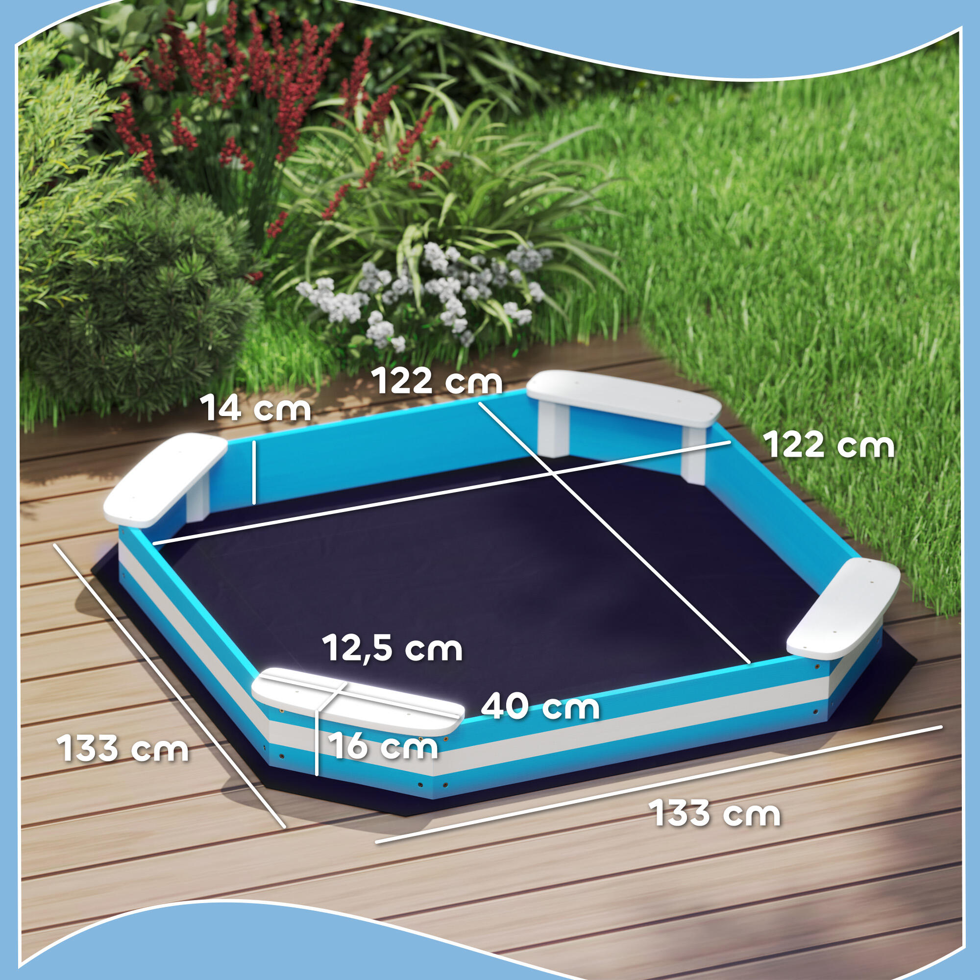 Caixa de areia para crianças 133x133x16 cm azul AIYAPLAY 3/6
