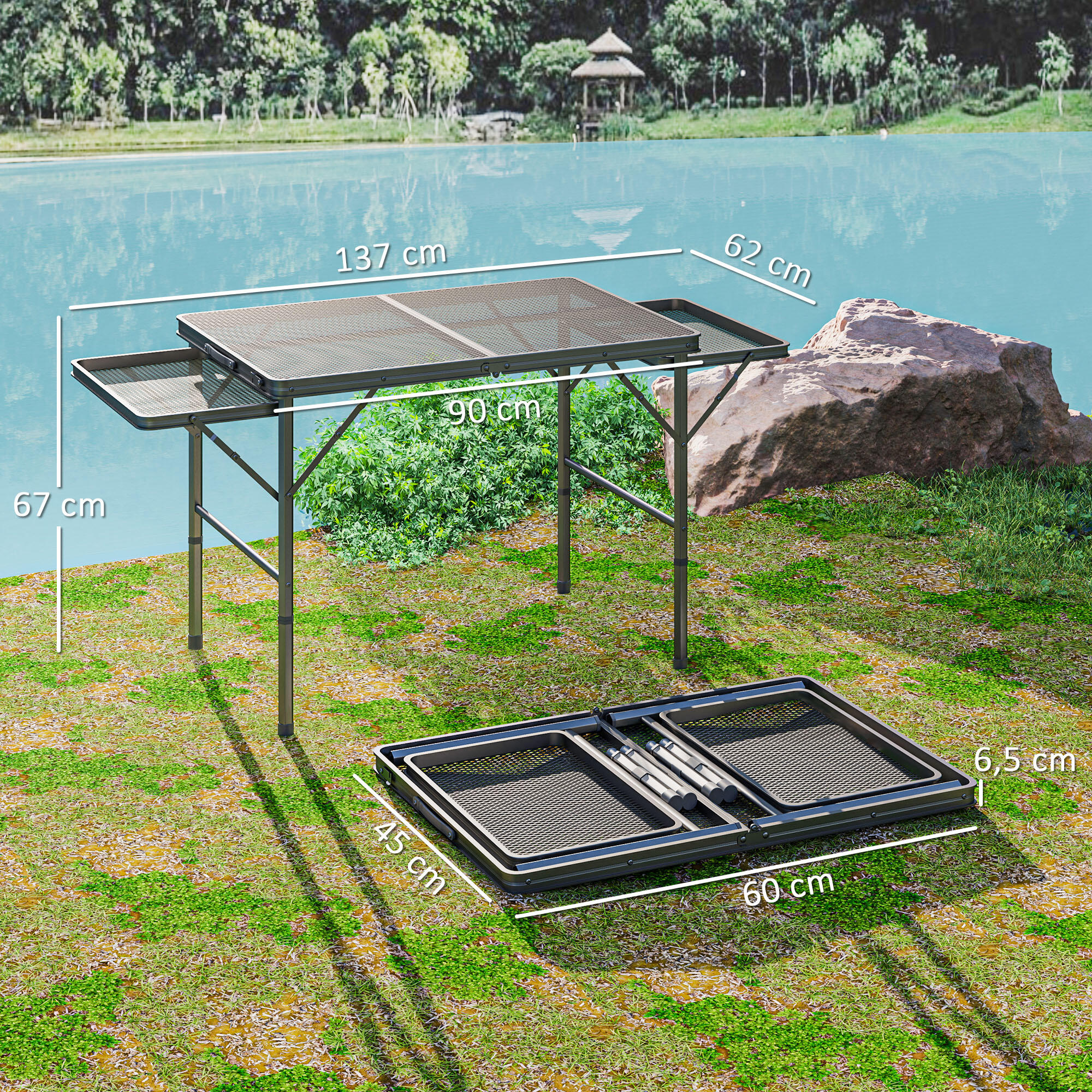 Mesa de campismo dobrável 137x62x57-67 cm preto Outsunny 3/6