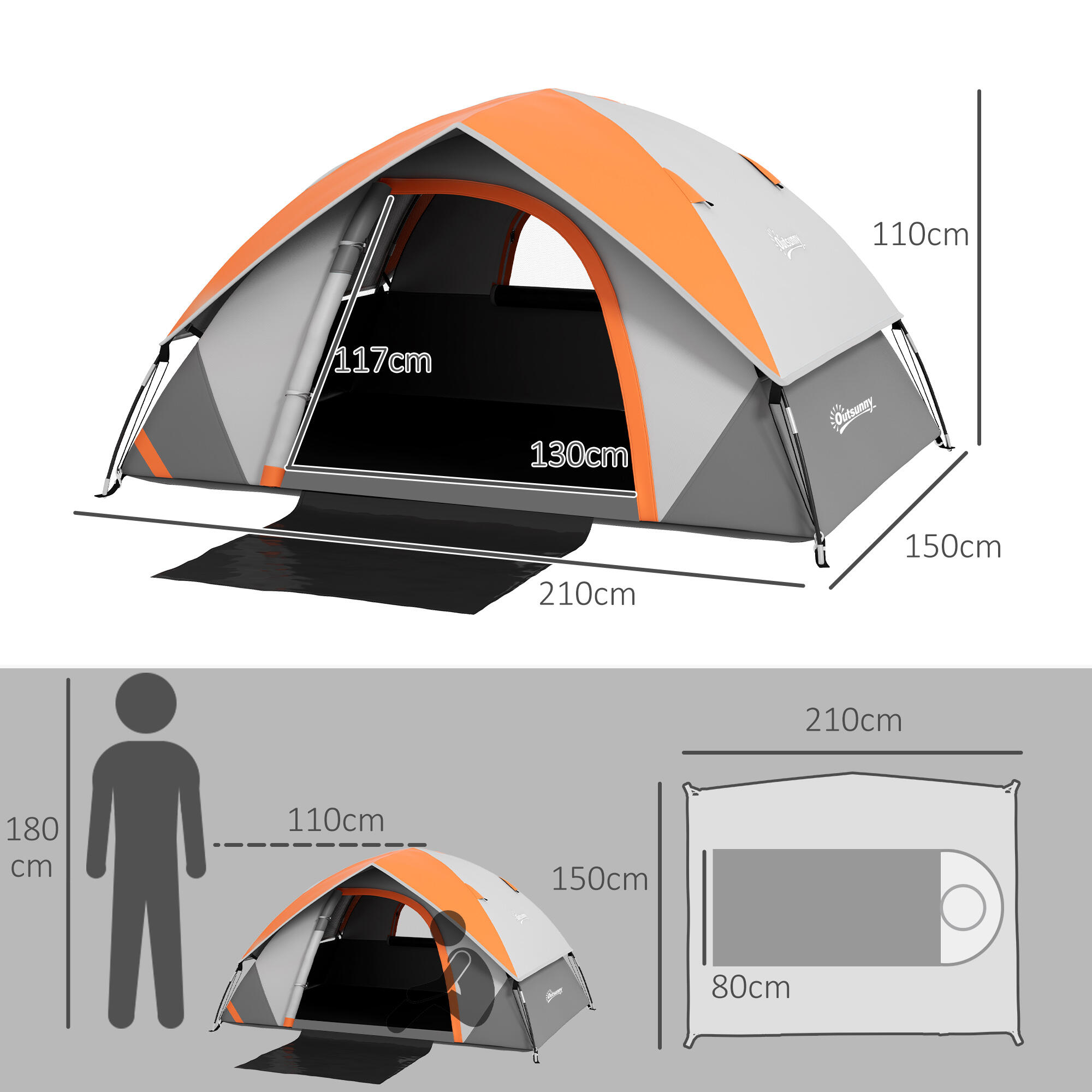 Tienda de Campaña Outsunny 210x150x110 cm Gris y Naranja 3/5
